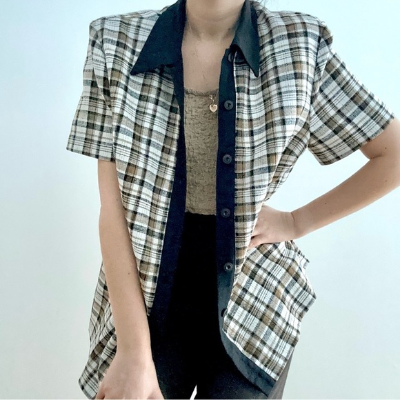 Lindor vintage short sleeves button down blouse plaid - 14 - Picture 4 of 12